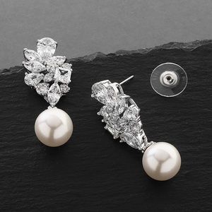 NWT Mariell Pearl Drop Bridal Earrings with CZ Crystals, Statement Jewelry